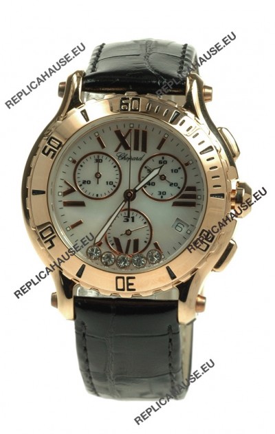 Chopard Happy Sport Diamonds Edition Replica Gold Watch in Black Strap