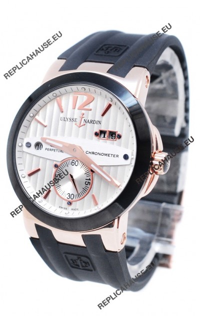Ulysse Nardin Executive Dual Time Japanese Replica Rose Gold Watch in Black Bezel