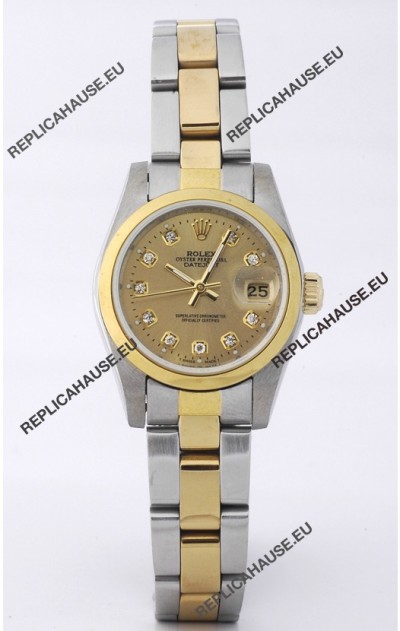 Rolex DateJust - Two Tone Ladies Swiss Replica Watch in Gold Dial