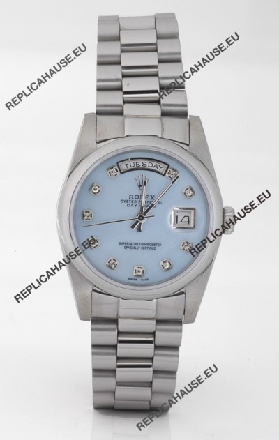 Rolex Day Date Silver Japanese Replica Watch in Mother Of Pearl Blue Dial