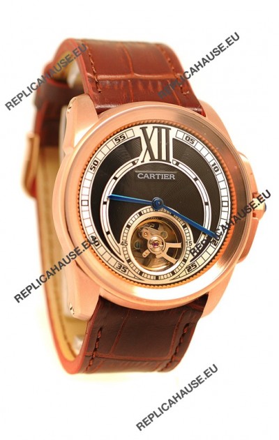 Calibre de Cartier Flying Tourbillon Japanese Replica Rose Gold Watch in Black Dial