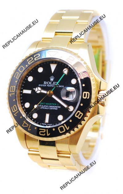 Rolex GMT Masters II 2011 Edition Swiss Replica Gold Watch in Black Cerarmic Bezel