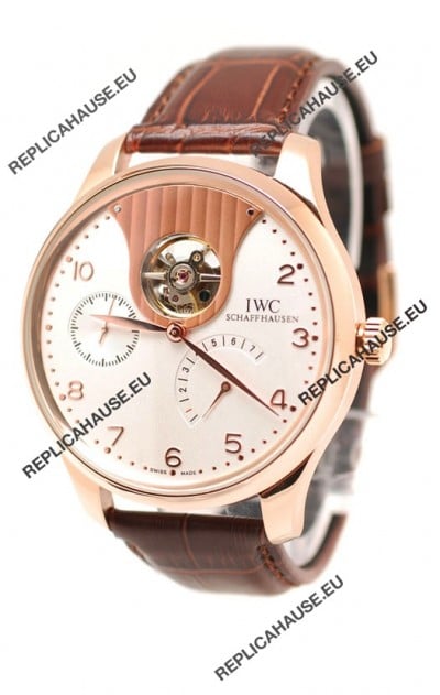 IWC Portuguese Tourbillon Mystere Japanese Replica Rose Gold Watch in White Dial