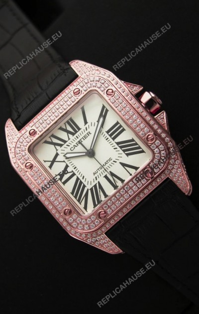 Cartier Santos 100 Swiss Automatic Replica Watch in Rose Gold