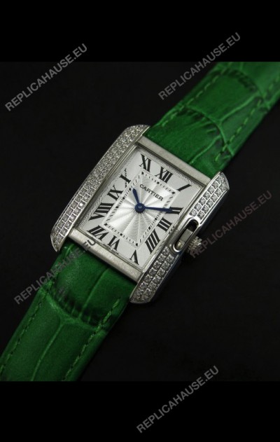 Cartier Louis Japanese Replica Ladies Diamond Watch in Green Strap