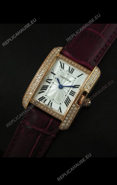 Cartier Louis Japanese Replica Ladies Rose Gold Diamond Watch in Purple Strap