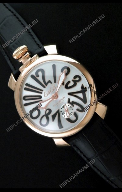 Gaga Milano Italy Japanese Replica Rose Gold Watch in Black Arabic Markers