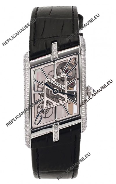 Cartier Tank Asymétrique Stainless Steel Casing Diamonds Bezel Watch in Leather Strap Swiss Replica