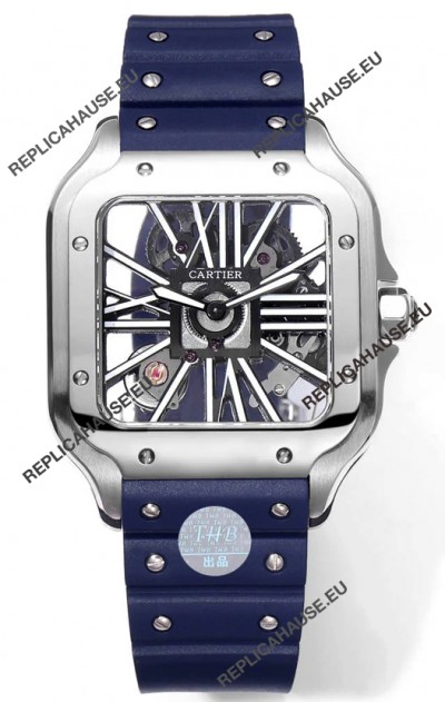 Santos De Cartier Watch in Skeleton Dial - Stainless Steel Casing Blue Rubber Strap