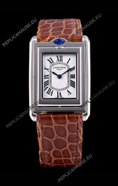 Cartier Tank Reversible Swiss Quartz Replica Watch in Steel Casing - Brown Strap