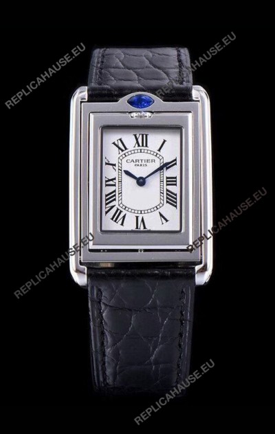 Cartier Tank Reversible Swiss Quartz Replica Watch in Steel Casing - Black Strap