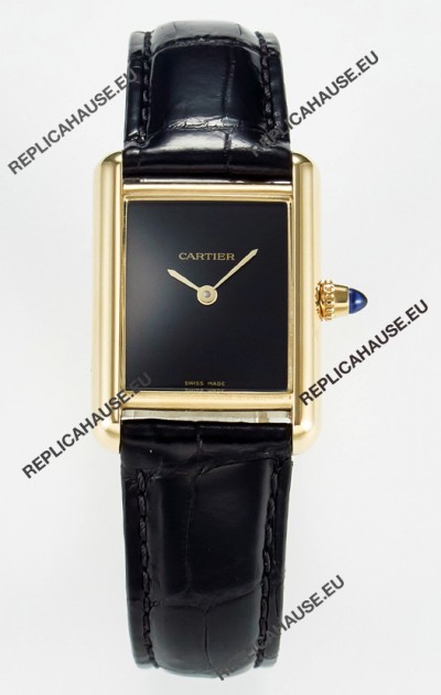 Tank Must Cartier Super Clone Edition 29MM Watch in Yellow Gold Casing Black Dial 