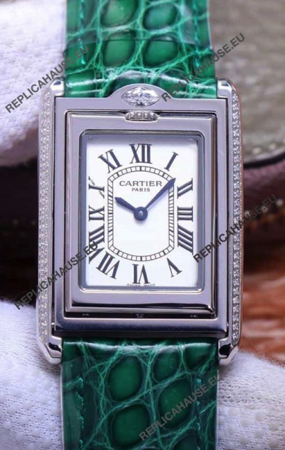 Cartier Tank Reversible Swiss Quartz Replica Watch in Steel Casing - Green Strap