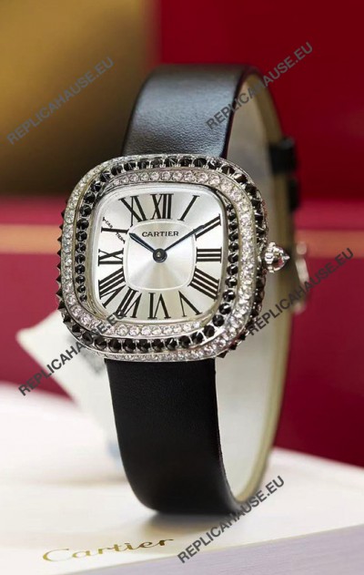 Coussin De Cartier Steel Watch Swiss Replica Watch Black Strap 