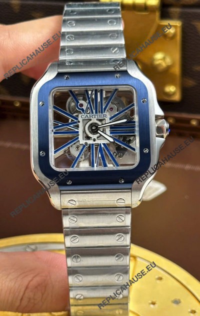 Santos De Cartier Super Clone Watch in Skeleton Dial Brushed Steel Casing Watch 