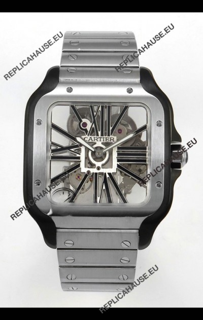 Santos De Cartier Super Clone Watch in Skeleton Dial Brushed DLC Coated Steel Casing Watch 