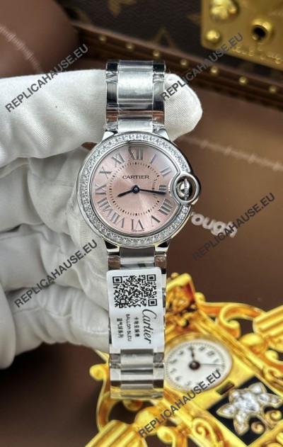 Ballon De Cartier Swiss Quartz 1:1 Mirror Quality 33MM in Steel Pink Dial 