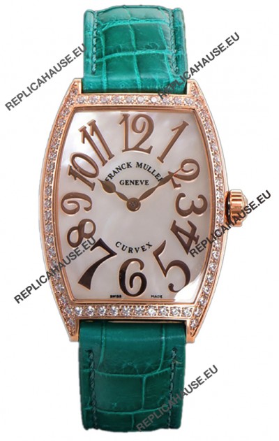 Franck Muller Cintree Curvex Mother of Pearl Dial Watch in Rose Gold Plating - Green Strap 
