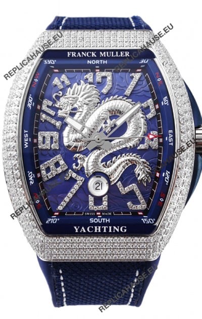 Franck Muller Vanguard Yachting Dragon V45 Blue Dial in Diamonds Bezel Swiss Replica