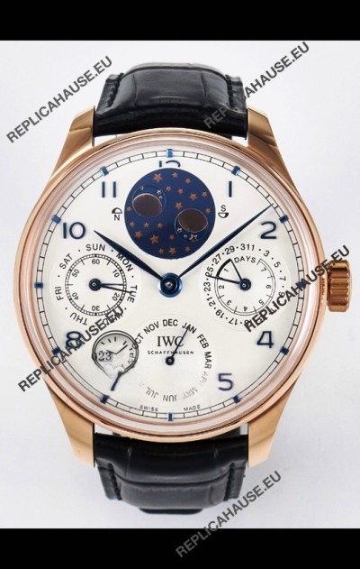 IWC Super Clone Portuguese Perpetual Calendar Rose Gold White Dial Replica Watch 