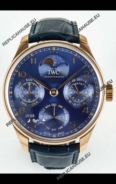 IWC Super Clone Portuguese Perpetual Calendar Rose Gold Blue Dial Replica Watch 
