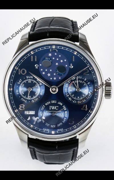 IWC Super Clone Portuguese Perpetual Calendar Stainless Steel Blue Dial Replica Watch 