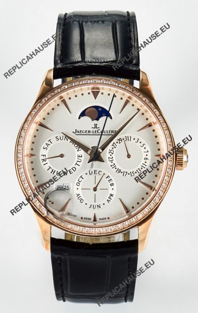 Jaeger LeCoultre Super Clone Master Ultra-Thin Perpetual Calendar White Dial Diamonds Bezel Watch