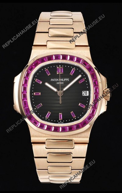 Patek Philippe Nautilus 5711 Black Dial 1:1 Mirror Replica in Rose Gold 904L Steel with Rubies Bezel