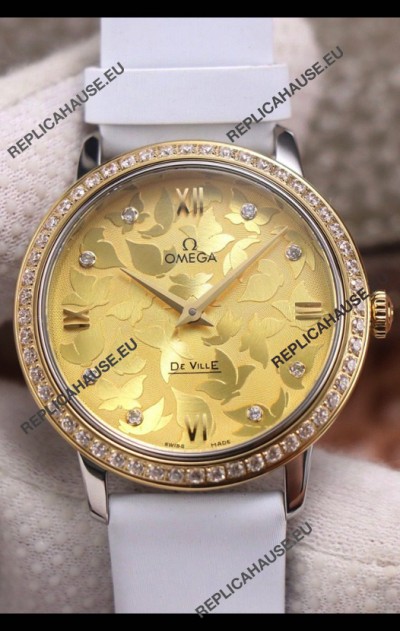 Omega De Ville Floral Dial Swiss Quartz Movement in Two Tone Casing - Gold Dial