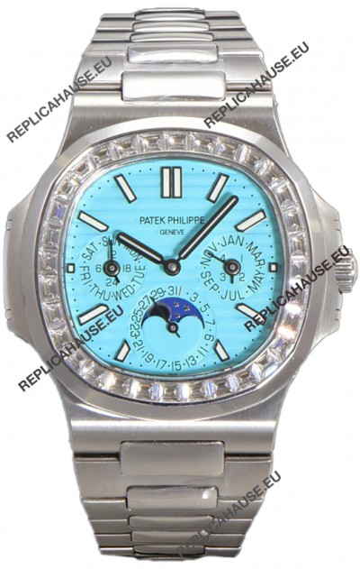 Patek Philippe Nautilus 5740 Perpetual Calendar White Gold Tiffany Dial Diamonds Bezel Swiss Replica Watch 