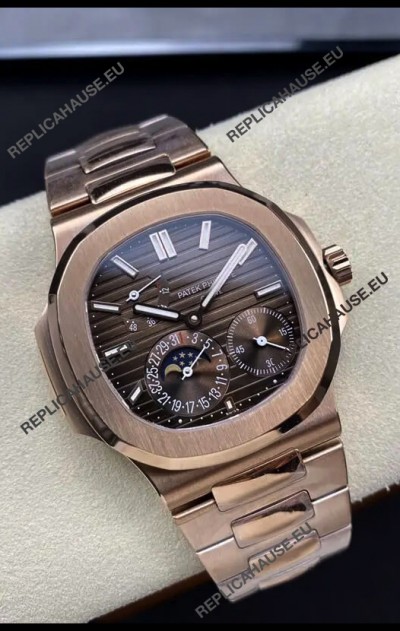 Patek Philippe Nautilus 5712/R 1:1 Quality Swiss Replica Watch in Brown Dial Rose Gold Strap