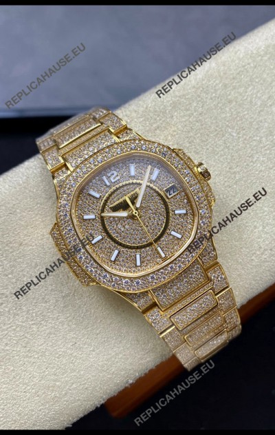 Patek Philippe Nautilus 7010 Diamonds Paved Yellow Gold 32MM 1:1 Mirror Replica - Genuine Diamonds