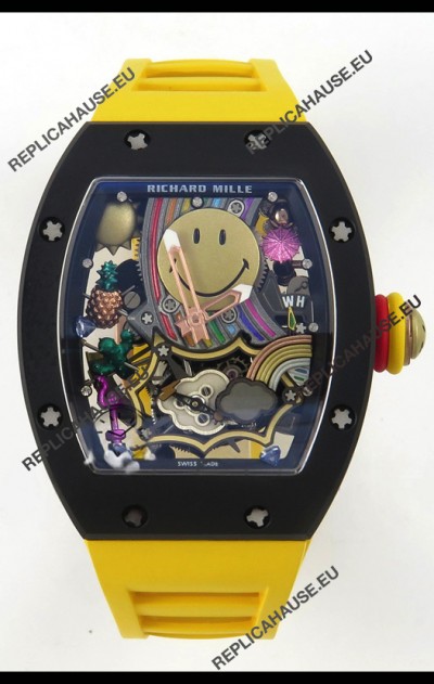 Richard Mille Super Clone RM088 Smiley Tourbillon Black Ceramic Rubber Strap Watch 