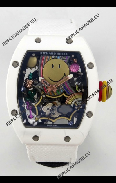 Richard Mille Super Clone RM088 Smiley Tourbillon White Ceramic Velcro Strap Watch 