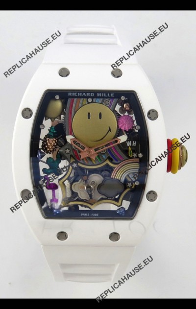 Richard Mille Super Clone RM088 Smiley Tourbillon White Ceramic Rubber Strap Watch 