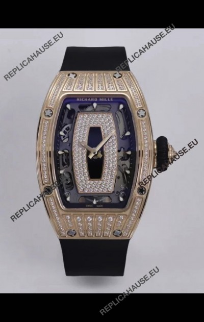 Richard Mille Super Clone RM07-01 Diamonds Paved 904L Rose Gold Casing Automatic Replica Watch