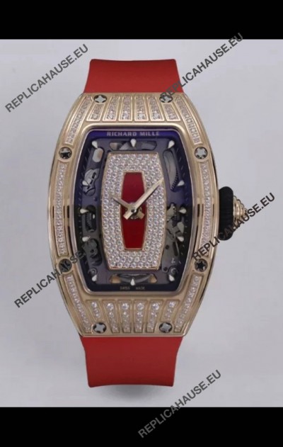 Richard Mille Super Clone RM07-01 Diamonds Paved 904L Rose Gold Casing Automatic Replica Watch