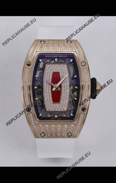 Richard Mille Super Clone RM07-01 Diamonds Paved 904L Rose Gold Casing Automatic Replica Watch