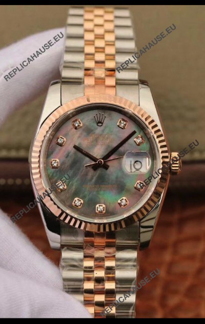 Rolex Datejust 36MM Cal.3135 Movement Swiss Replica Watch in 904L Steel Two Tone Casing Pearl Dial