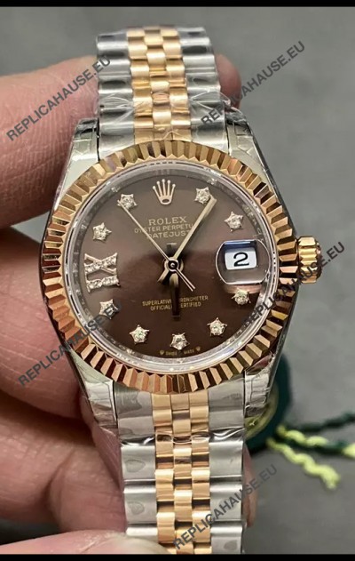 Rolex Datejust Super Clone Brown Dial 2 Tone Rose Gold Watch 28MM