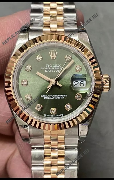 Rolex Datejust Super Clone Green Dial 2 Tone Rose Gold Watch 28MM