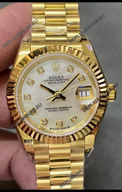 Rolex Datejust Super Clone Pearl Dial Yellow Gold Casing Watch 28MM