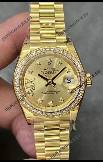 Rolex Datejust Super Clone Gold Dial Yellow Gold Casing Watch 28MM