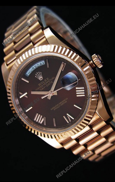 Rolex Day Date Japanese Replica Watch - Rose Gold Casing in Maroon Dial 40MM