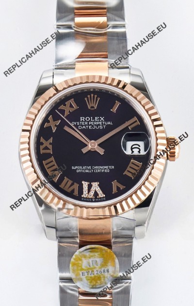 Rolex Super Clone Datejust ETA 2688 Movement 31MM Two Tone Rose Gold Swiss Black Dial