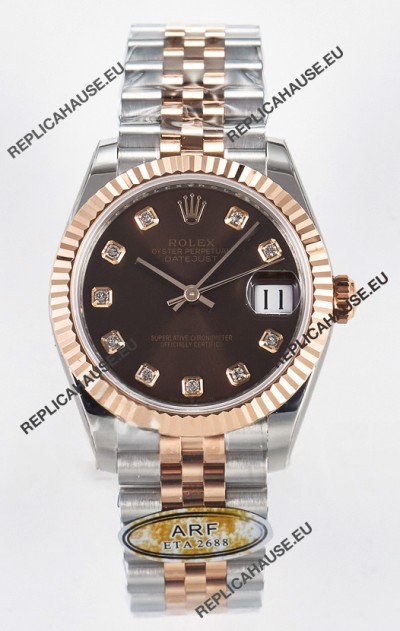 Rolex Super Clone Datejust ETA 2688 Movement 31MM Two Tone Rose Gold Swiss Brown Dial