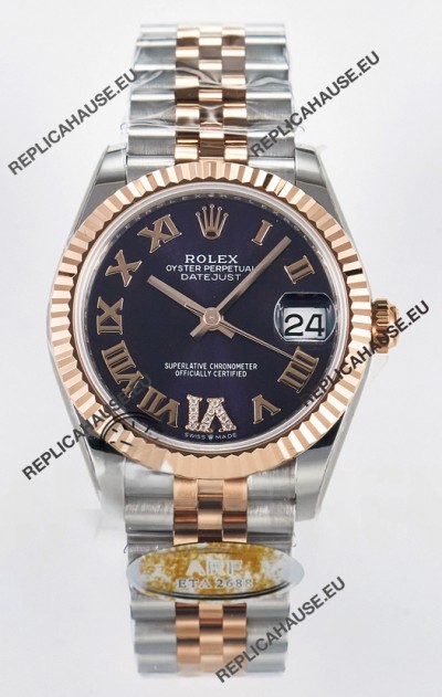 Rolex Super Clone Datejust ETA 2688 Movement 31MM Two Tone Rose Gold Swiss Purple Dial