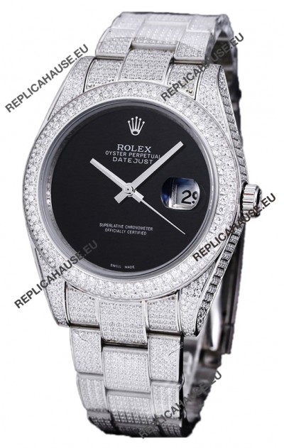 Rolex Datejust 41MM Swiss Replica - Iced Out Edition in Black Dial 
