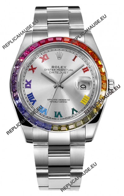 Rolex Datejust 41MM Swiss Replica Watch - 904L Steel in Rainbow Bezel 