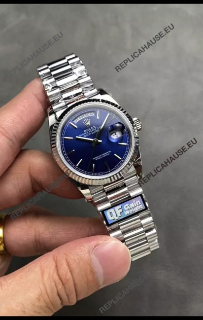 Rolex Day Date Super Clone Stainless Steel Blue Dial Watch 36MM - 1:1 Mirror Quality